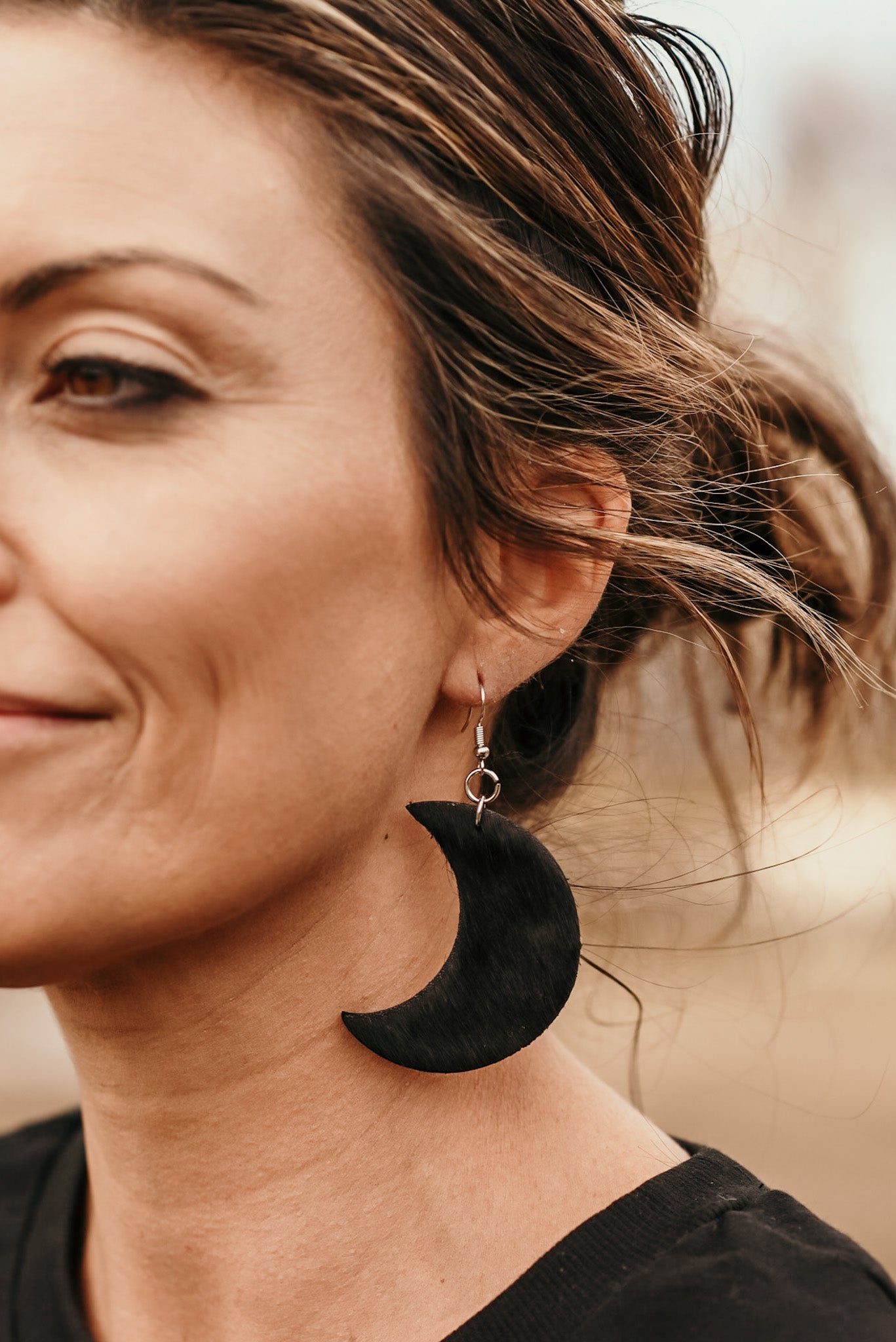 Large Black Cowhide Crescent Dangle Earrings