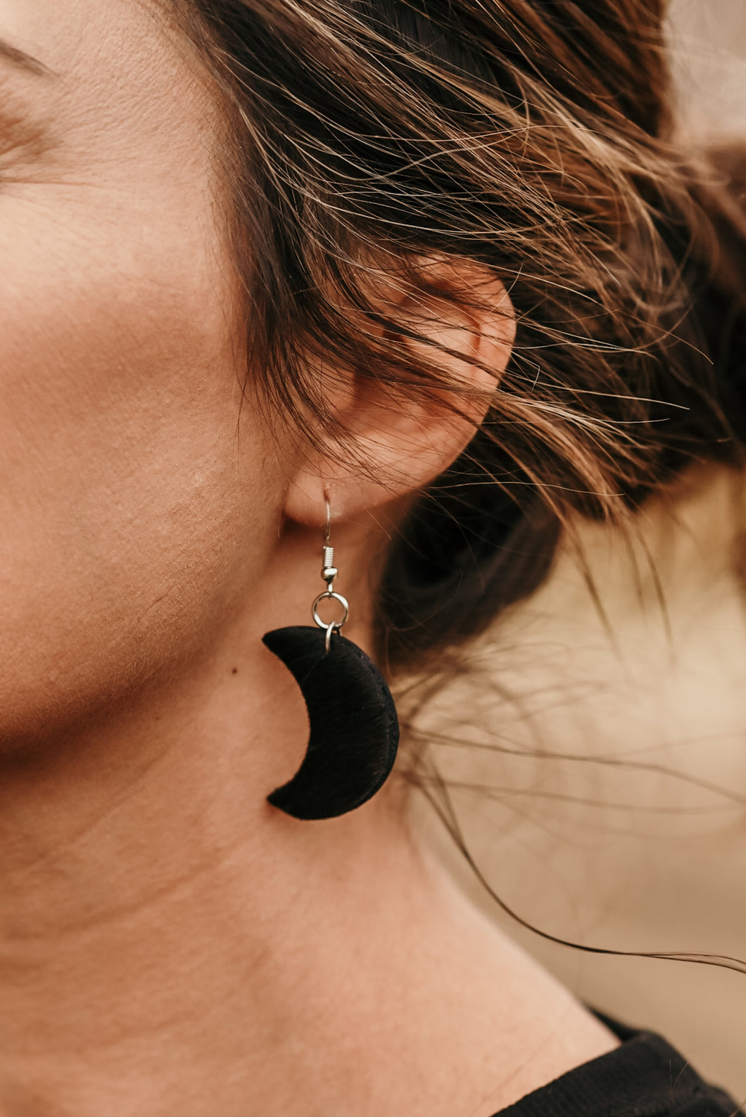 Black Cowhide Crescent Dangle Earrings