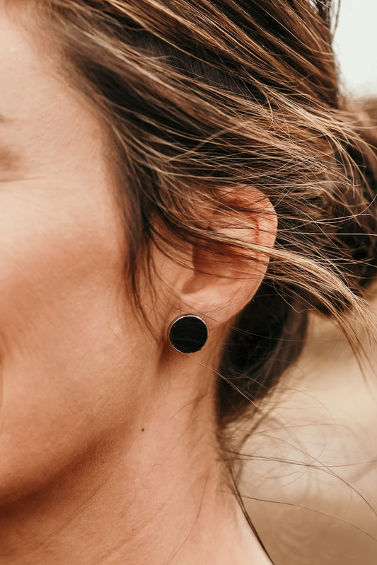 Black Cowhide Button Stud Earrings
