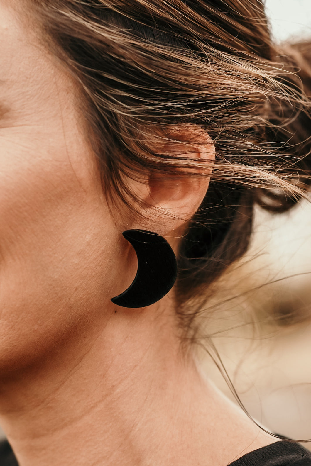 Black Crescent Cowhide Stud Earrings